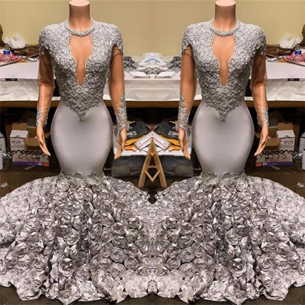 Elegant Mermaid V Neck Prom Dress Appliques Long Sleeves With Flowers Bottom