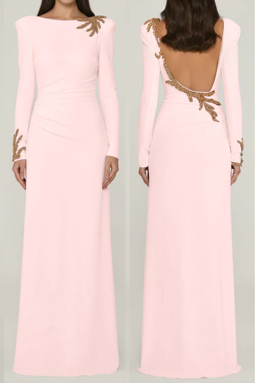 Long Sleeves Long Backless Prom Dress With Appliques Pleated