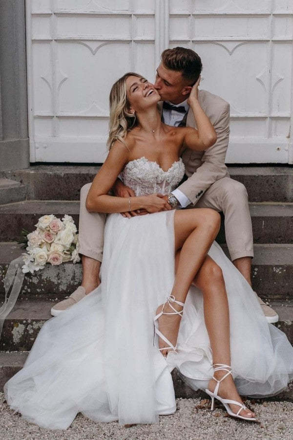 Gorgeous Long A-line Wedding Dress Sweetheart Front Slit With Lace Tulle