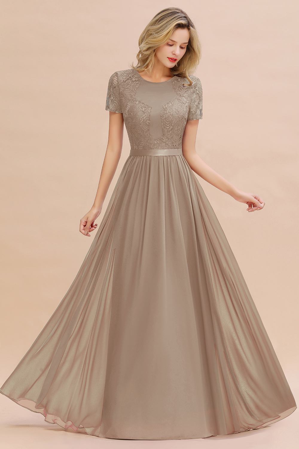 27prom Elegant Chiffon Lace Jewel Short-Sleeves Affordable Bridesmaid Dress-27prom