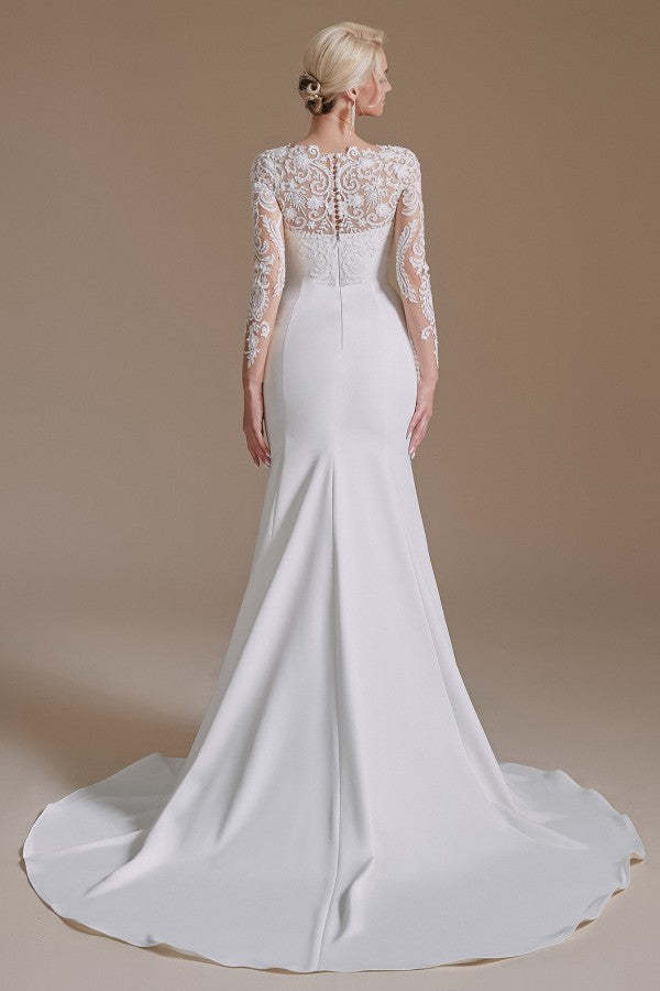 Jewel Neck Satin Lace Long Sleeve Mermaid Wedding Dress