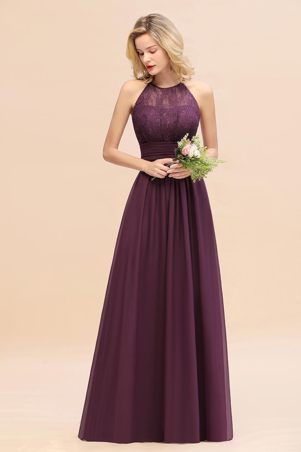27prom Elegant Halter Ruffles Sleeveless Grape Lace Bridesmaid Dresses Affordable-27prom