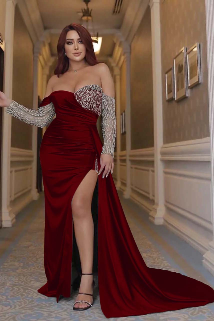 Sexy Emerald Green Off the Shoulder Long Sleeves Mermaid Prom Dress With Beading Split