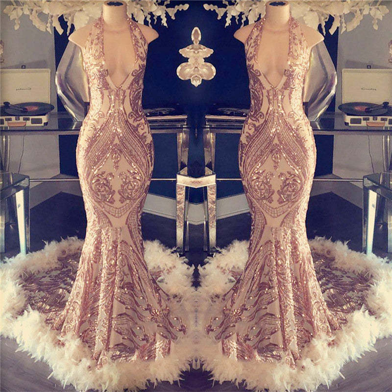 Halter Sequined Mermaid Prom Dress with Open Back and Feather
