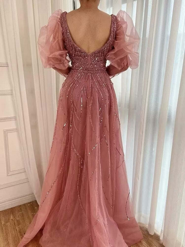 Pink Mermaid High Split Evening Dress, Beaded Bubble Sleeve