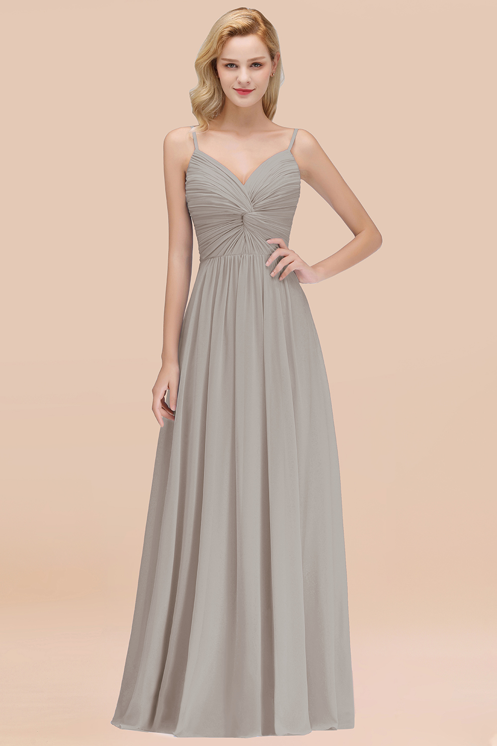 27prom Chic V-Neck Pleated Backless Bridesmaid Dresses with Spaghetti Straps-27prom