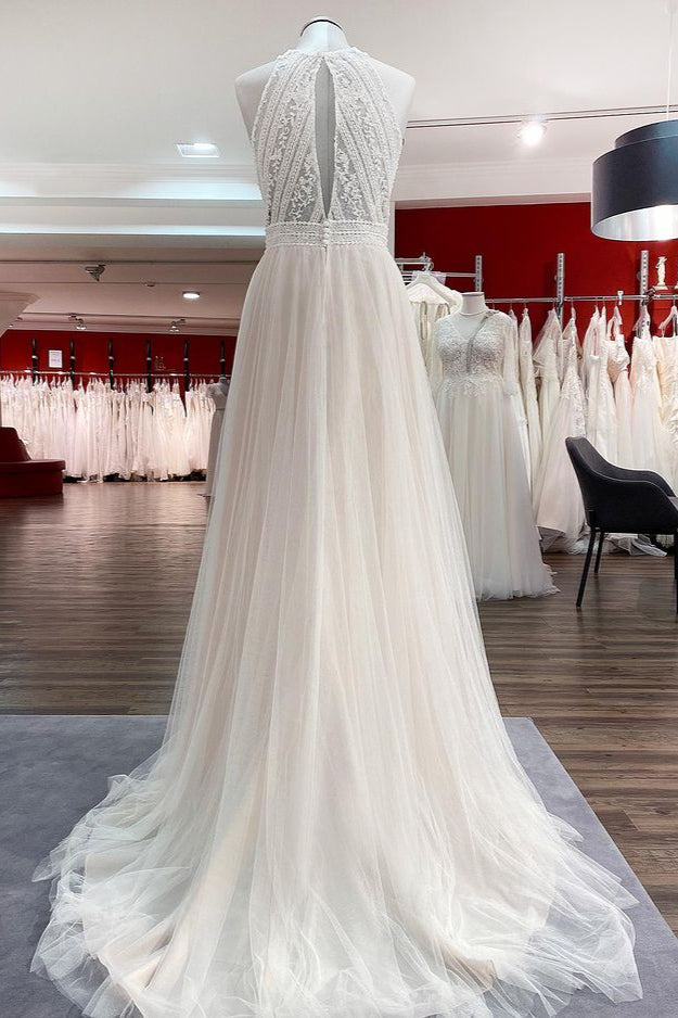 Long A-Line Halter Backless Wedding Dress with Tulle Lace