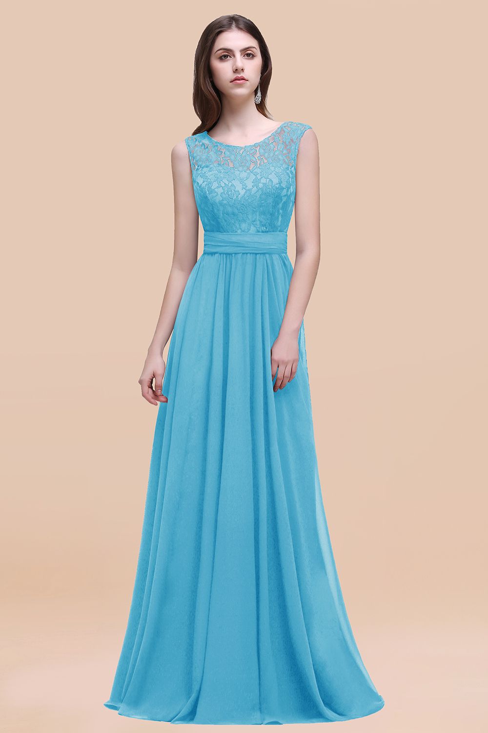 27prom Vintage Lace Scoop Sleeveless Dark Blue Bridesmaid Dress with V-Back-27prom