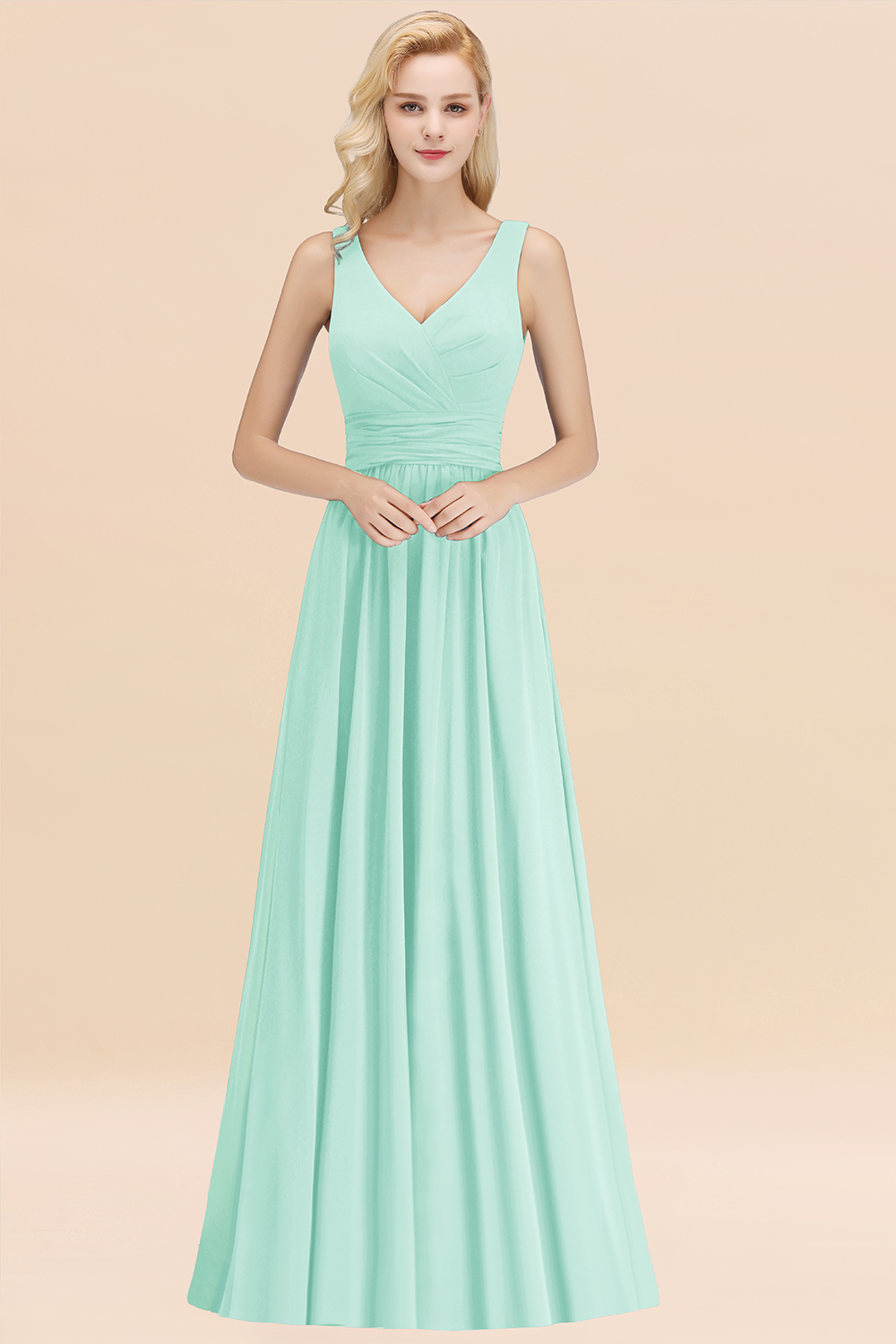 27prom Modest Sleeveless V-Neck Long Chiffon Bridesmaid Dress Online with Ruffle-27prom