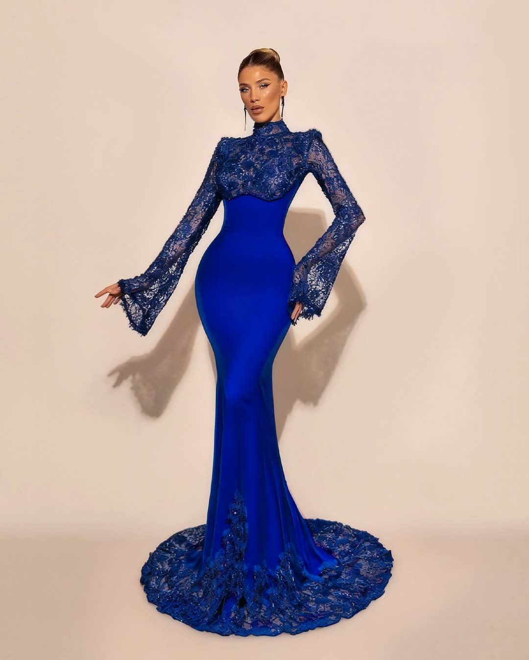 High Neck Lace Long Sleeves Long Mermaid Prom Dress With Pleated