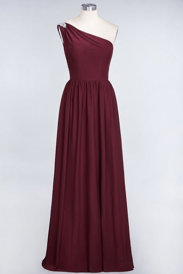 27prom Affordable Chiffon One-Shoulder Ruffle Bridesmaid Dress with Beadings-27prom
