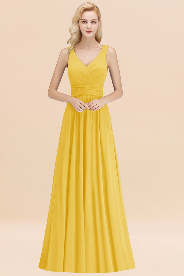 27prom Modest Sleeveless V-Neck Long Chiffon Bridesmaid Dress Online with Ruffle-27prom