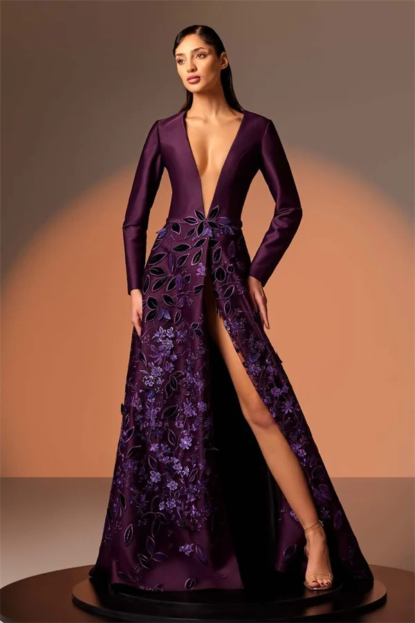 Long Sleeves Deep V Neck High Split Long Prom Dress With Appliques