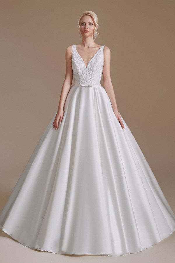 Satin A-Line Wedding Dress Long V-neck With Appliques Lace