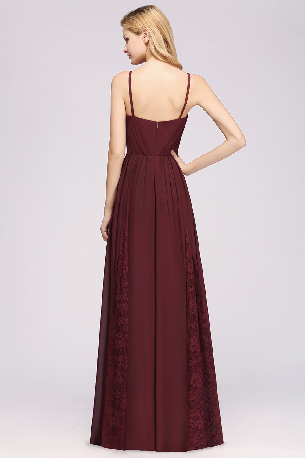 27prom Elegant Spaghetti Straps Long Bridesmaid Dress Lace V-Neck Maid of Honor Dress-27prom