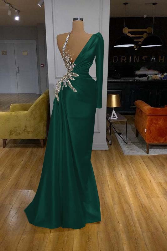 Charming Mermaid Yellow long Sleeves Pleated Long Prom Dress With Beadings