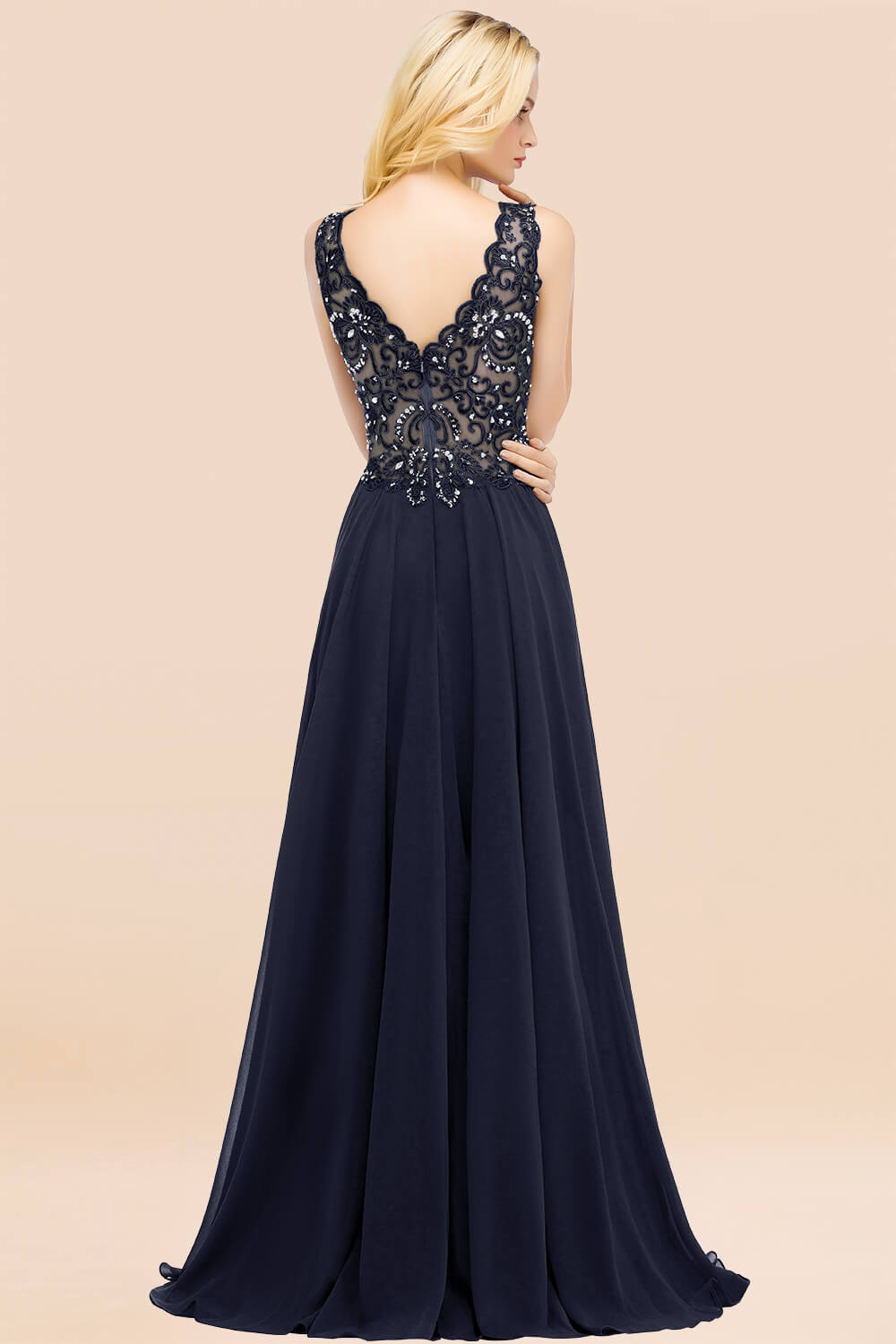 27prom Affordable Lace V-Neck Navy Bridesmaid Dresses With Appliques-27prom