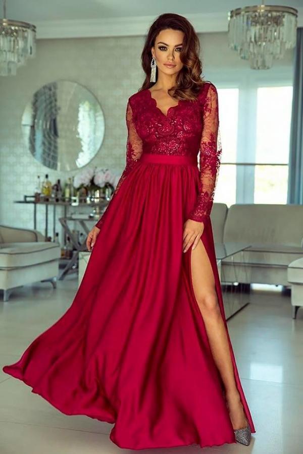 Charming V Neck Long Sleeves Lace A Line Long Prom Dress With Side Split