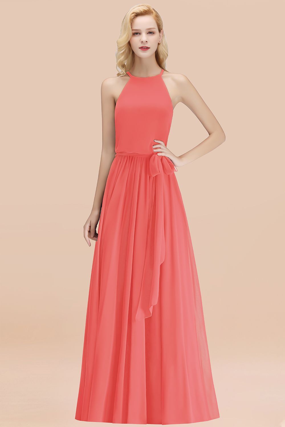 27prom Affordable Halter Bow Long Bridesmaid Dress Modest Burgundy Chiffon Wedding Party Dress-27prom