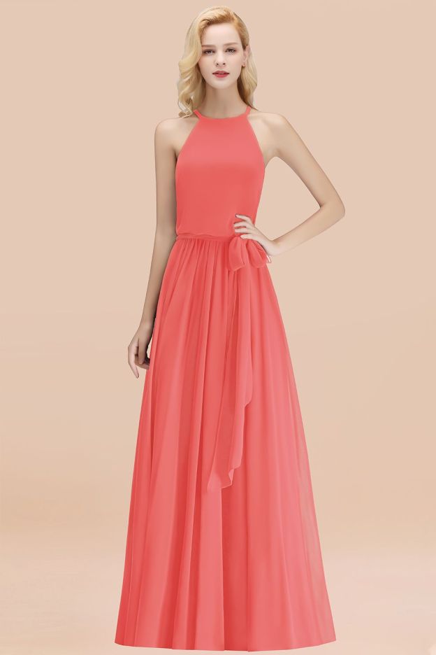 27prom Affordable Halter Bow Long Bridesmaid Dress Modest Burgundy Chiffon Wedding Party Dress-27prom