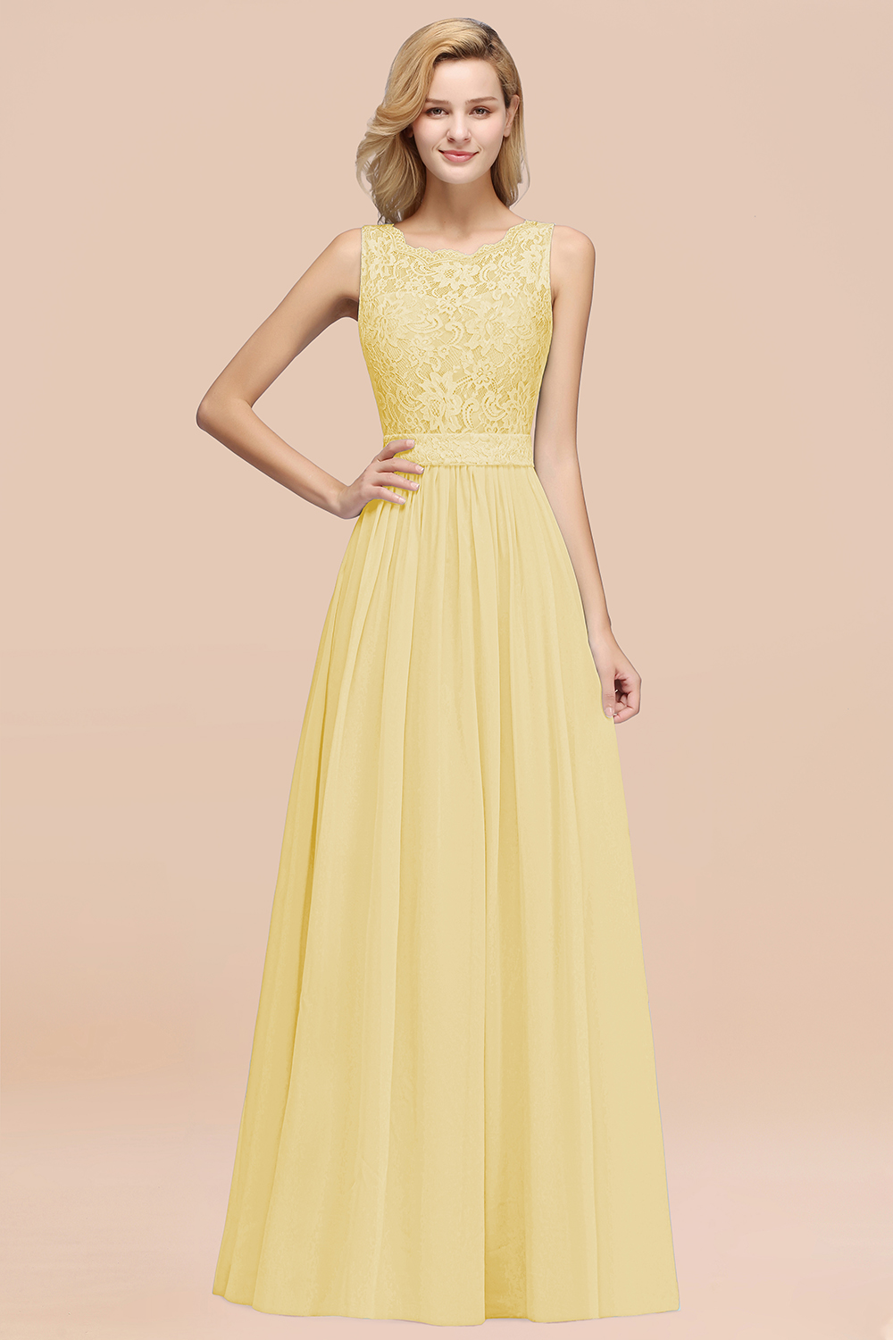 27prom Elegant Chiffon Lace Scalloped Sleeveless Ruffle Bridesmaid Dresses-27prom