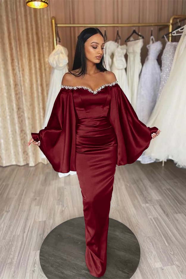 Off the Shoulder Long Sleeves Pleated Long Prom Dress With Beading