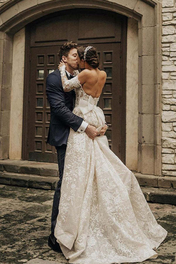 Off-the-Shoulder Long Sleeve A-Line Wedding Dress with Bow and Lace