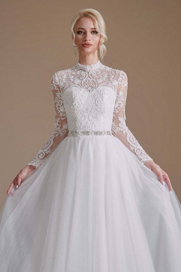 Modest A-Line High Neck Long Sleeve Wedding Dress with Tulle Lace