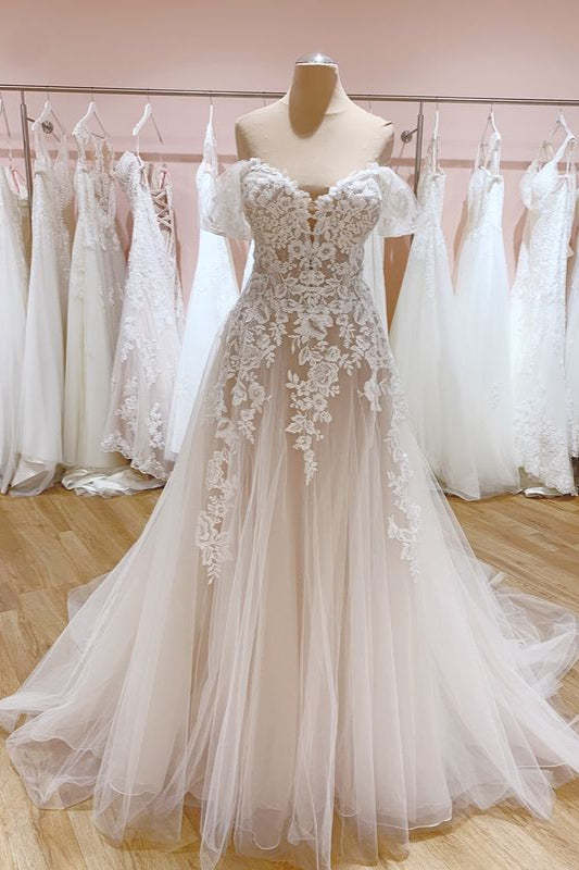 Off-the-Shoulder Train A-Line Wedding Dress with Sweetheart Backless Tulle