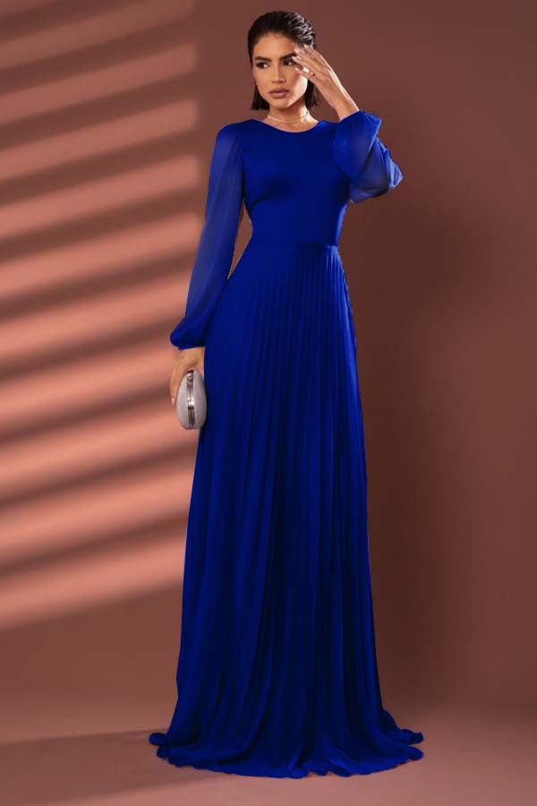 Chiffon Jewel Neck Long Sleeves Long Prom Dress With Pleated