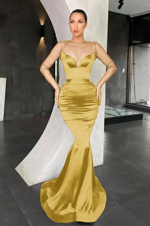 Black Mermaid Long Sleeves Pleated Long Prom Dress With Beads Online V Neck