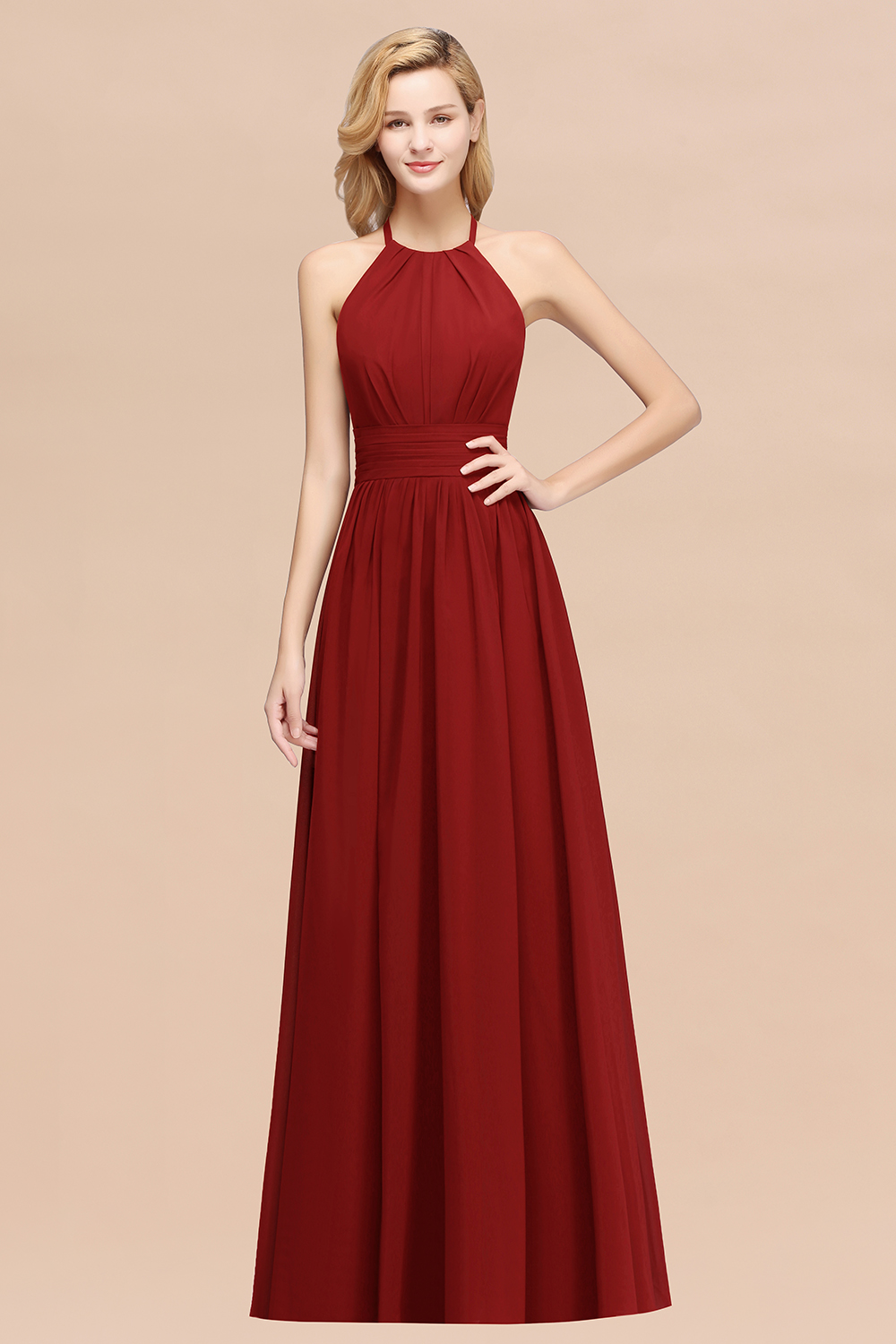 27prom Elegant High-Neck Halter Long Affordable Bridesmaid Dresses with Ruffles-27prom