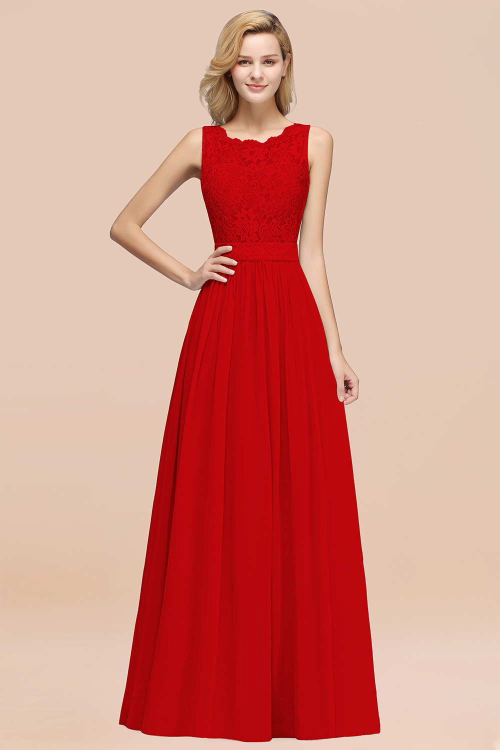 27prom Elegant Chiffon Lace Scalloped Sleeveless Ruffle Bridesmaid Dresses-27prom