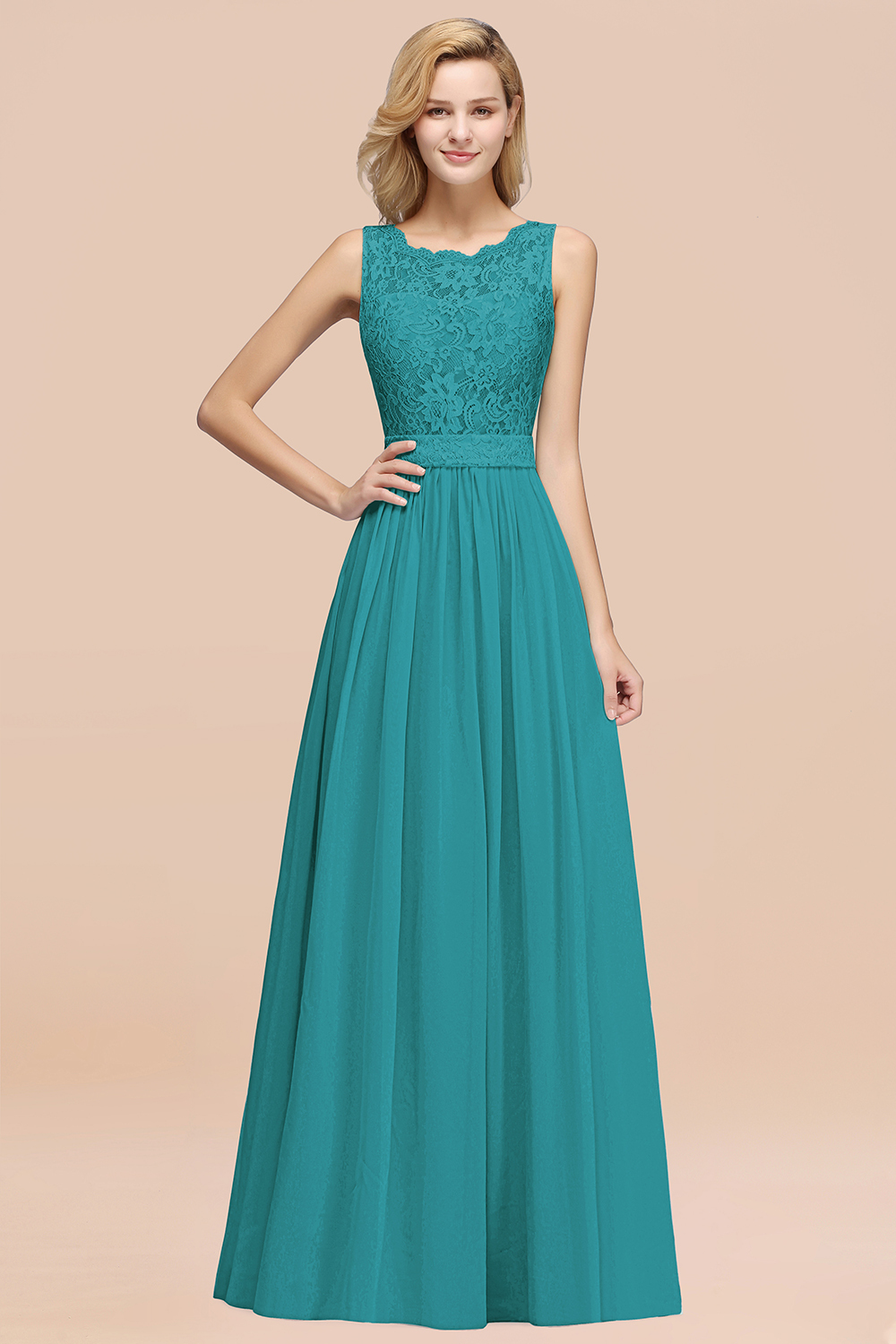 27prom Elegant Chiffon Lace Scalloped Sleeveless Ruffle Bridesmaid Dresses-27prom