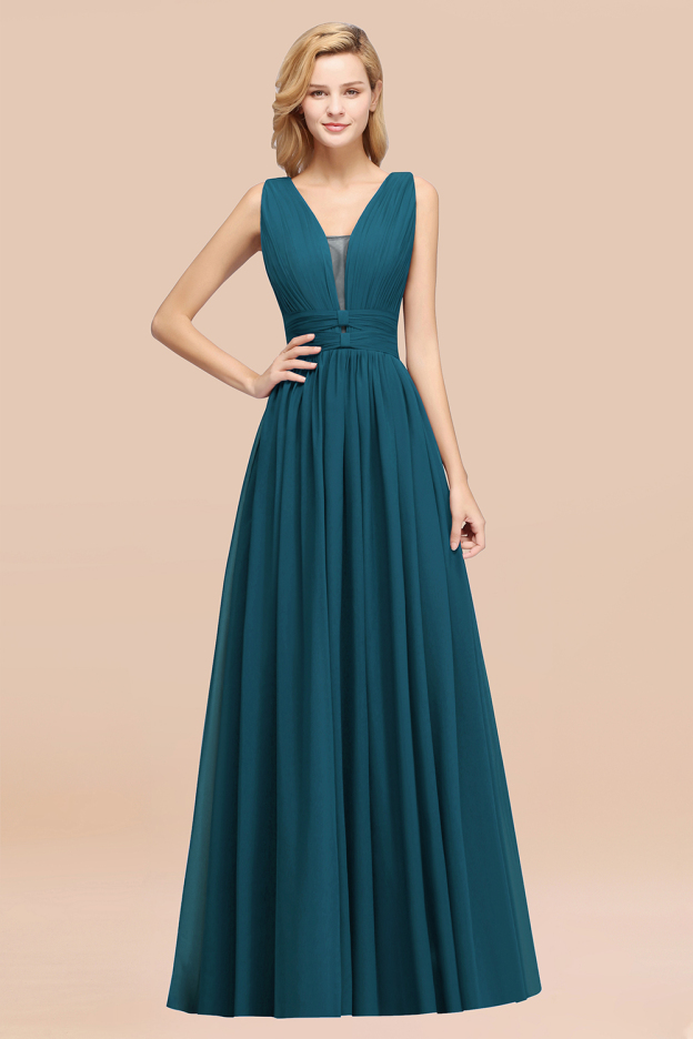 27prom Modest Dark Green Long Bridesmaid Dress Deep V-Neck Chiffon Maid of Honor Dress-27prom