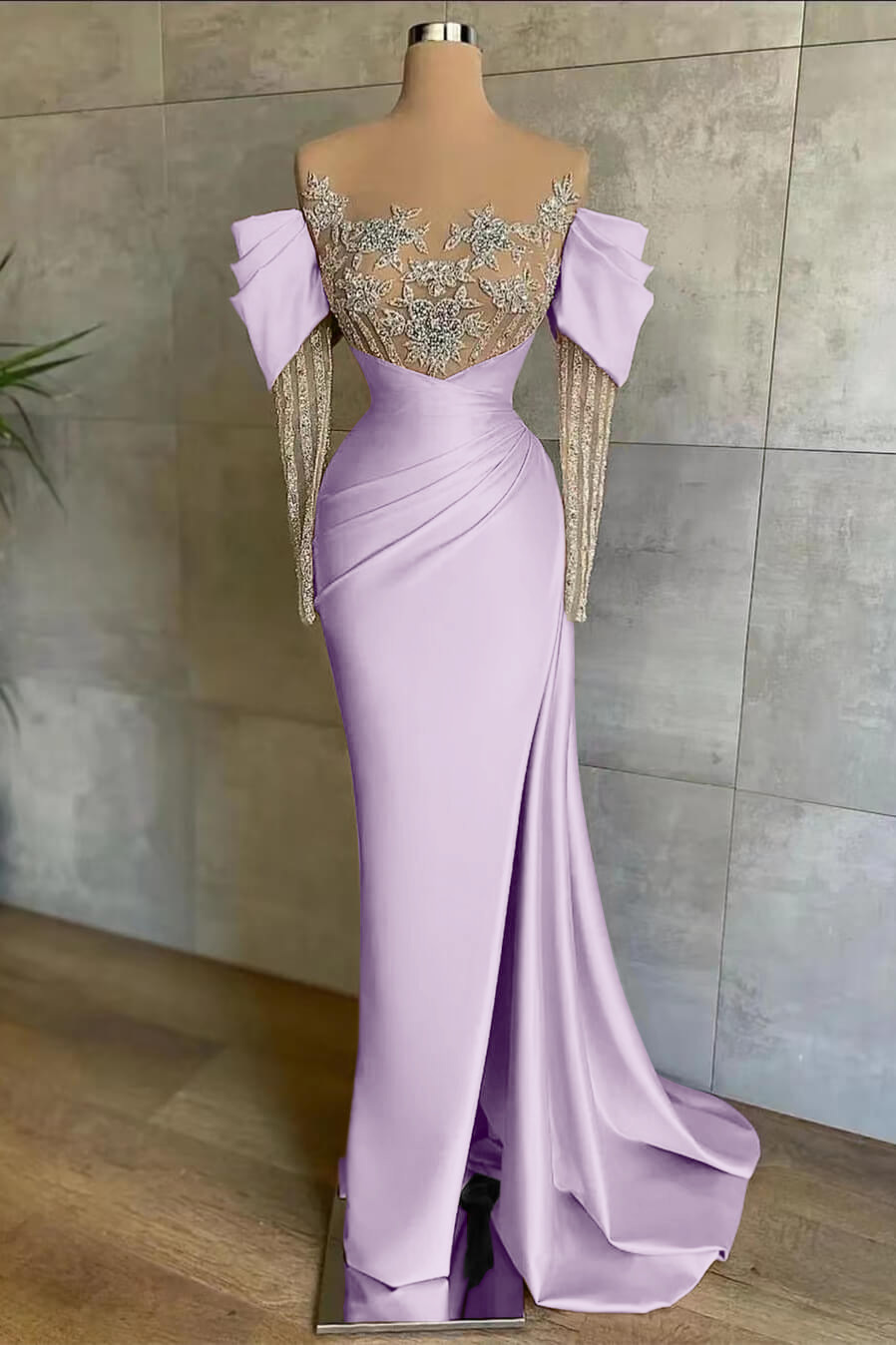Pink Split Mermaid Long Sleeves Prom Dress Beadings With Appliques Off the Shoulder