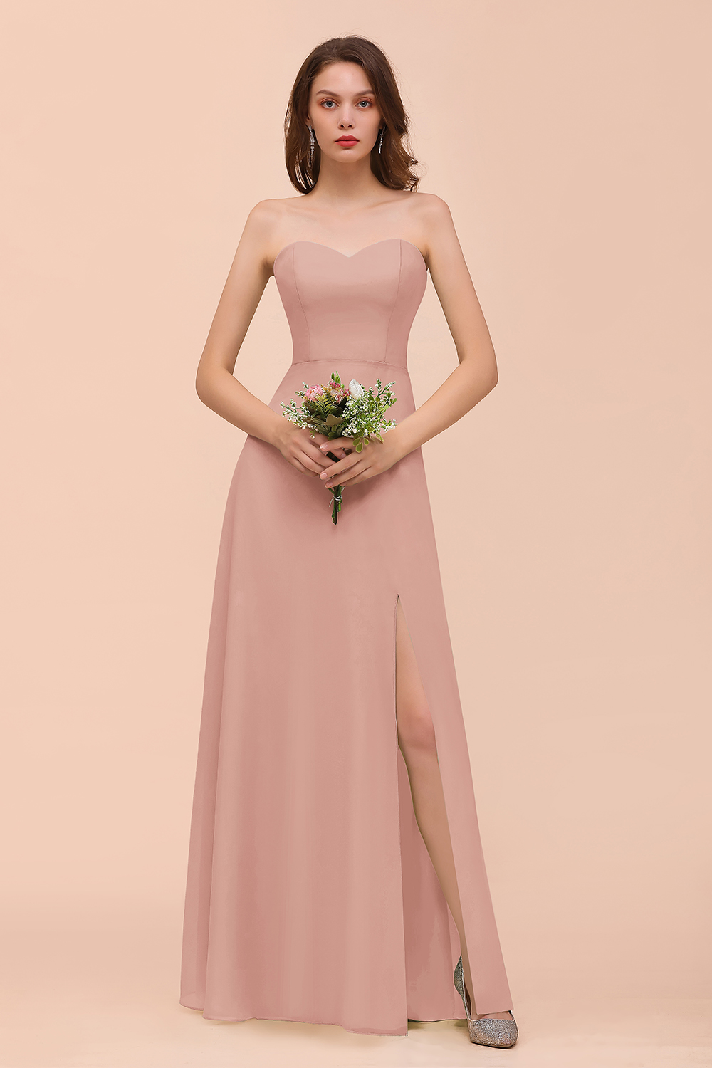 27prom Affordable Strapless Front Slit Long Dusty Sage Bridesmaid Dress-27prom