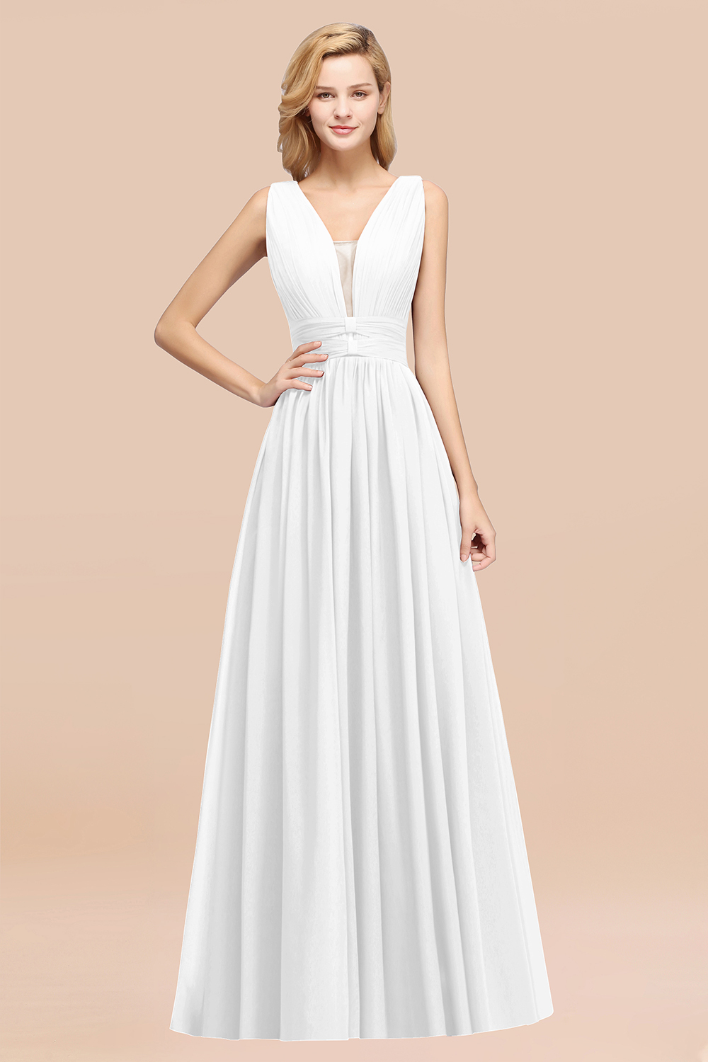 27prom Modest Dark Green Long Bridesmaid Dress Deep V-Neck Chiffon Maid of Honor Dress-27prom