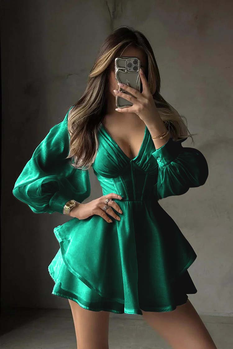 White Long Sleeves V Neck Short Prom Dress With Ruffles Pleated