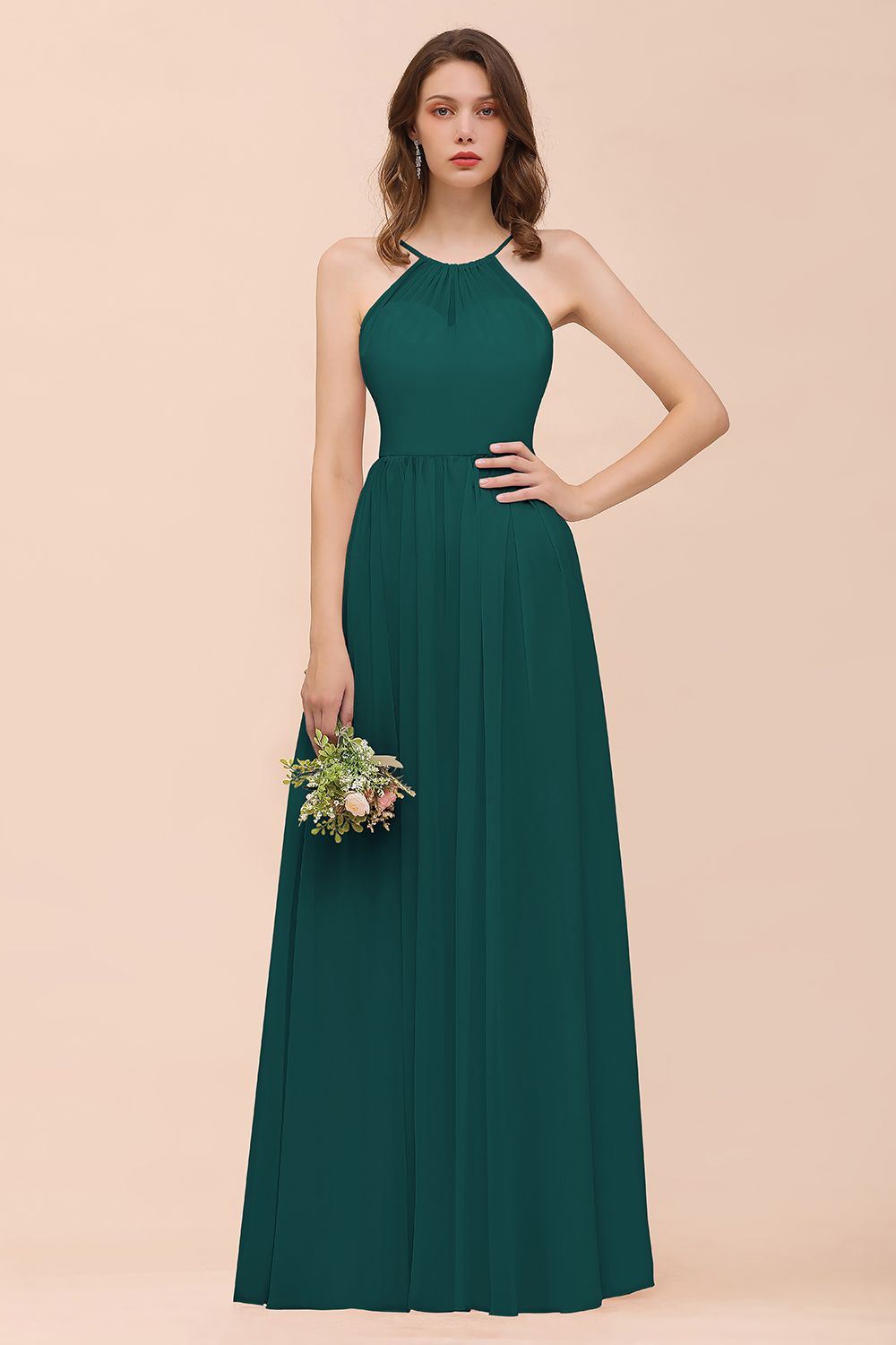 27prom Gorgeous Chiffon Halter Ruffle Affordable Long Bridesmaid Dress-27prom