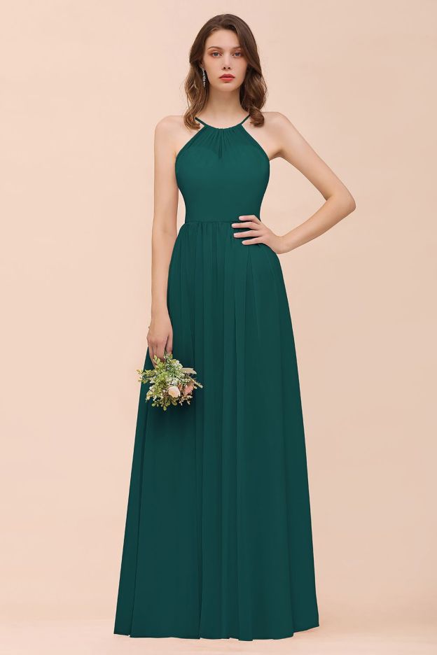 27prom Gorgeous Chiffon Halter Ruffle Affordable Long Bridesmaid Dress-27prom