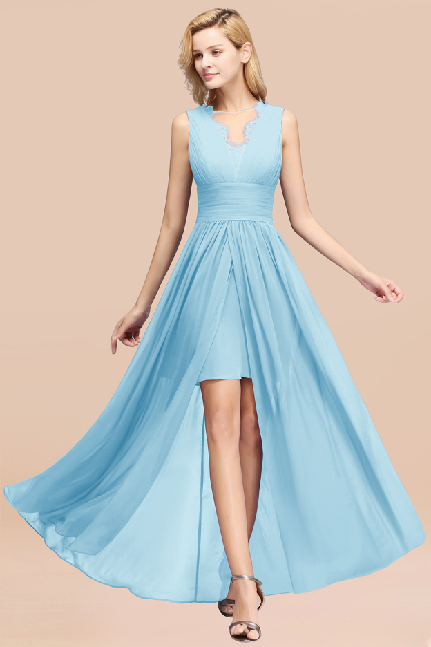 27prom Elegant Chiffon Lace Jewel Sleeveless Bridesmaid Dress with Ruffle-27prom