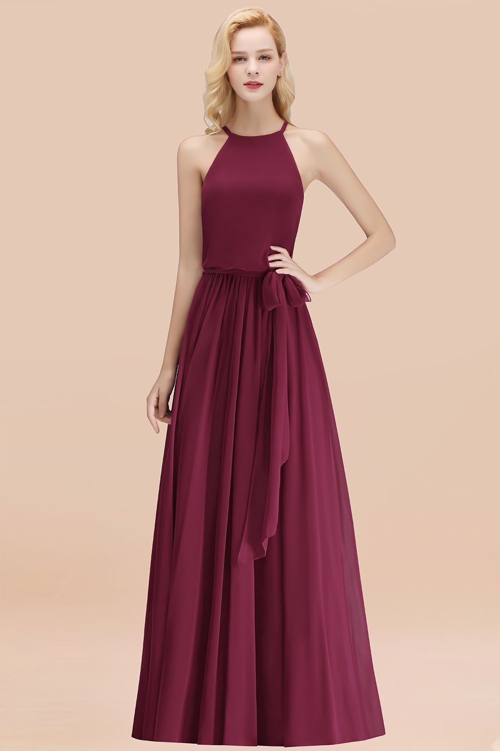 27prom Affordable Halter Bow Long Bridesmaid Dress Modest Burgundy Chiffon Wedding Party Dress-27prom