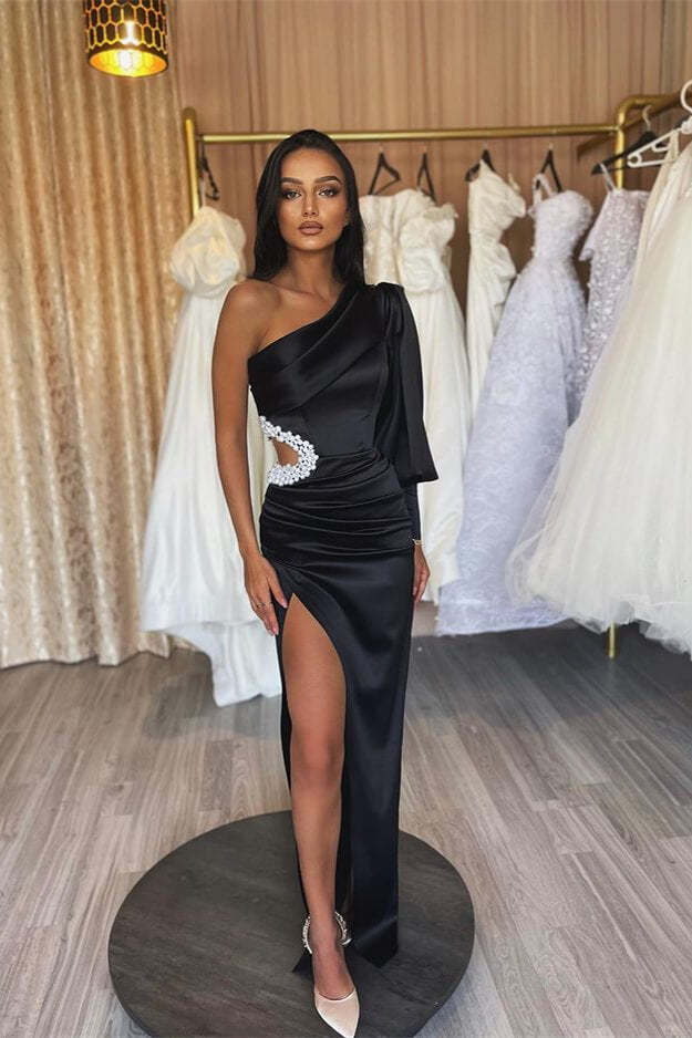 Charming Black Evening Dress with Long Sleeves, Hollowing Out, and Pleated Slit
