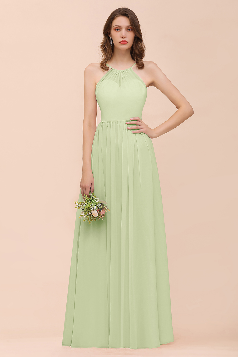 27prom Gorgeous Chiffon Halter Ruffle Affordable Long Bridesmaid Dress-27prom