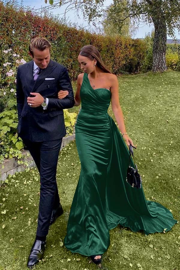 Stunning One Shoulder Sleeveless Dark Green Prom Dress Long With Pleated