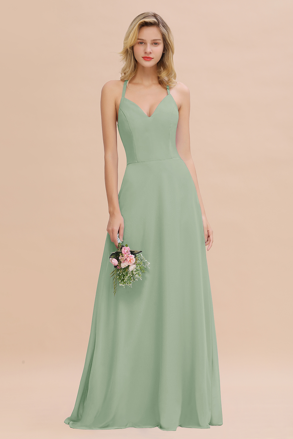 27prom Modest Halter V-Neck Sleeveless Long Bridesmaid Dresses Online-27prom