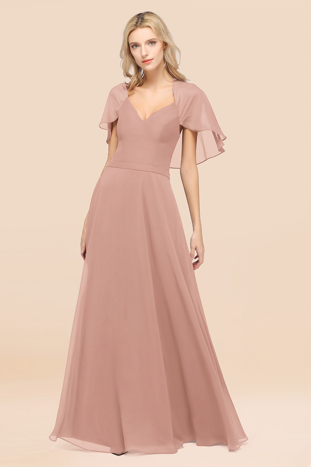 27prom Chic Satin V-Neck Long Burgundy Chiffon Bridesmaid Dress with Flutter Sleeve-27prom
