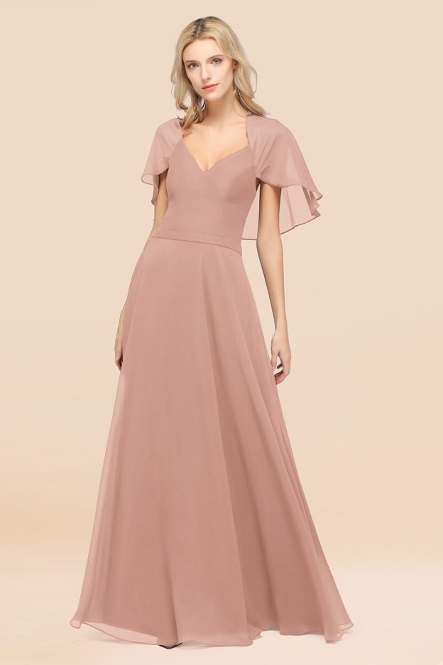 27prom Chic Satin V-Neck Long Burgundy Chiffon Bridesmaid Dress with Flutter Sleeve-27prom