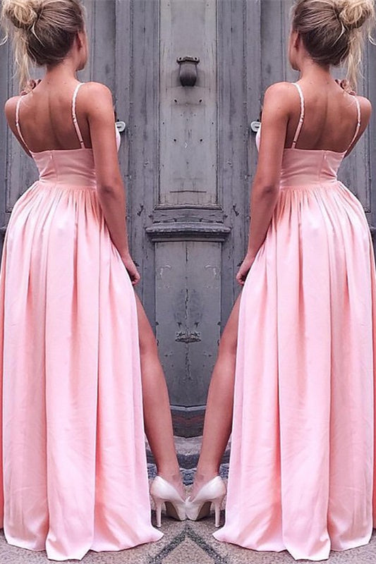 Spaghetti-Straps Pink Prom Dress with Slit